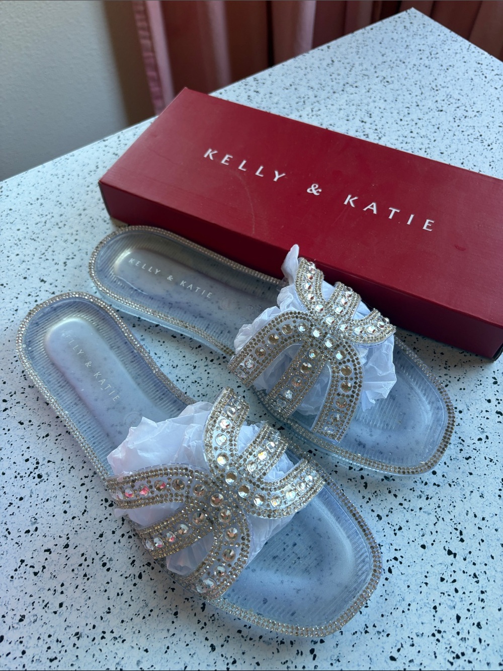 Kelly & Katie clear Rhinestone Crystal Slide Sandals size 9 flats